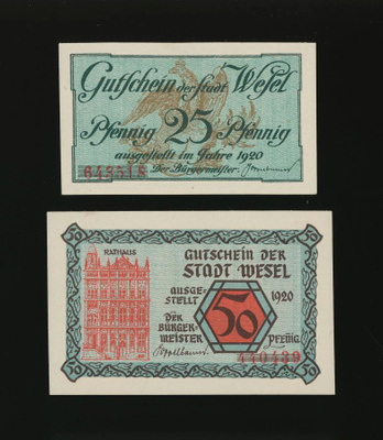 Saksa Notgeld 25, 50 Pfg, Wesel 1920