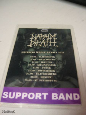 Napalm Death-Venäjän kiertue 11 backstage-passi, laminoitu .