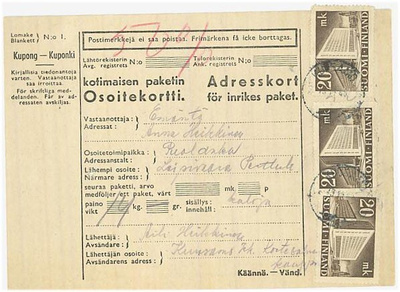 1945 20mk postitalo 3 kpl varovasti-paketti