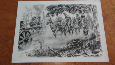 Jatkosota Tykistö Hevoset Sotapiirros Lindeberg 1942