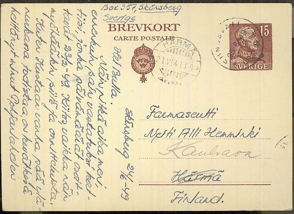 Ruotsi 1949 15 öre ehiökortti Suomeen