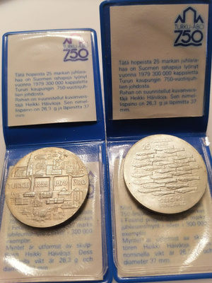 Hopeinen 25 markan juhlaraha vuodelta 1979 2kpl