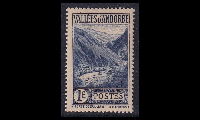 Andorra Fr 70 ** Maisema rotko 1 Fr sininen (1937)