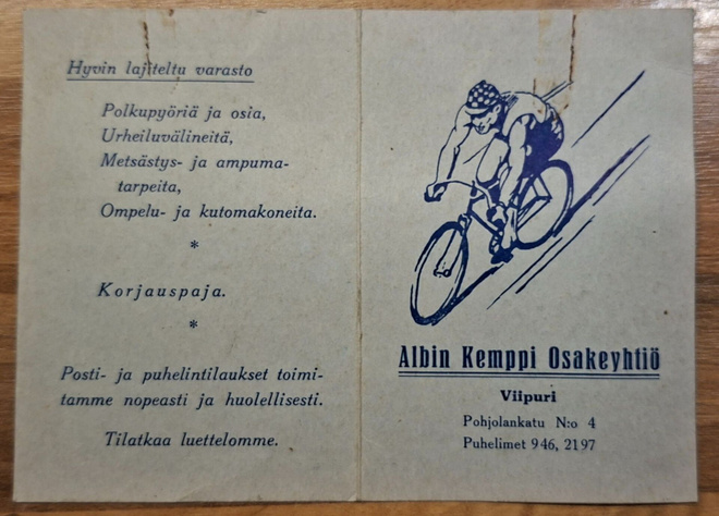 Polkupyörän Takuutodistus Viipuri 1939.