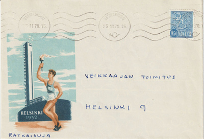 1952 Olympia kirjekuori postitettu Uudestakaupungista>HKI 70