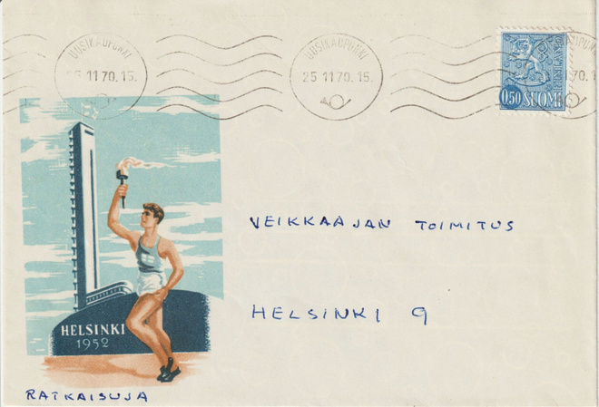 1952 Olympia kirjekuori postitettu Uudestakaupungista>HKI 70