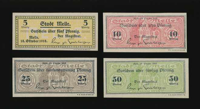Saksa Notgeld 5, 10, 25, 50 Pfg, Melle 1918