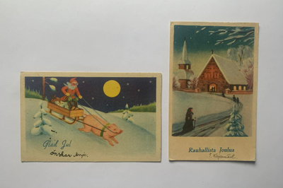 Kaksi kulkenutta joulukorttia (1940-luku?)