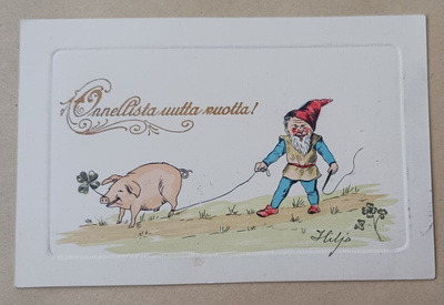 Iäkäs tonttu taluttaa possua, Uusi Vuosi, p. 1906