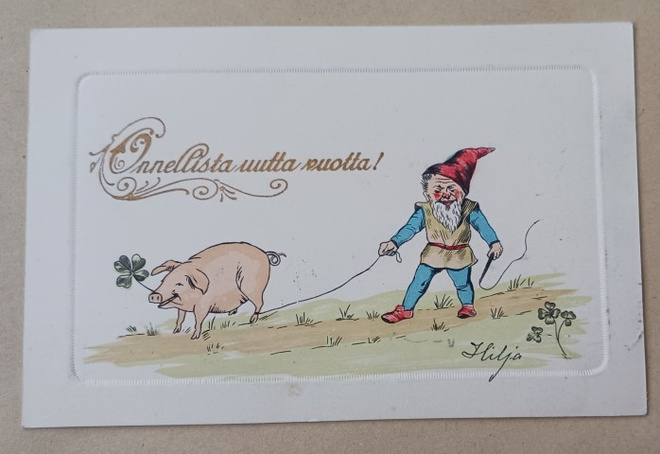 Iäkäs tonttu taluttaa possua, Uusi Vuosi, p. 1906