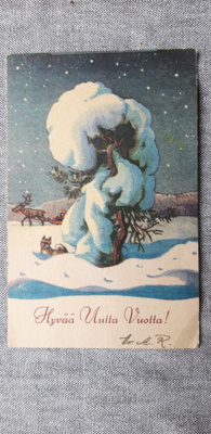 Akseli Einola vanha kuvataide kortti, luminen mänty + poro