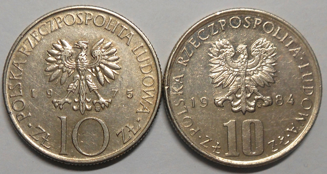 Puola. 10 zloty 1975MW ja 1984MW.