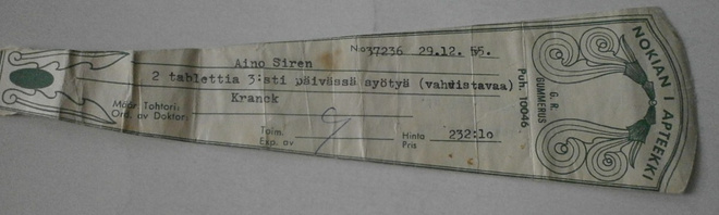 Apteekki- / lääkeresepti, Nokian I Apteekki 1955