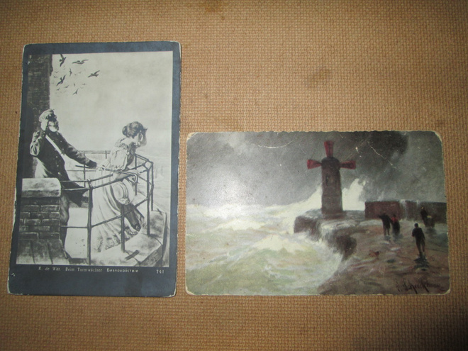 kaksi vintage taidekorttia 1900-luku alku  majakka ja meri