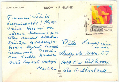Saariselkä - turistileima postikortilla Hollantiin 1981