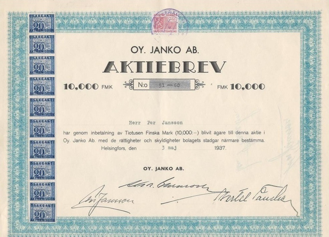 OKK 1937 Janko Oy, Helsinki osakekirja
