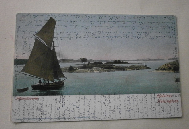 Helsinki, Hevossalmi ja purjevene, vanha väripk, p. 1905
