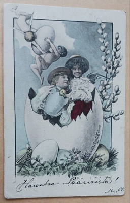 Ch. Scolik: Tytöt munassa ja kerubit munan kanssa, p. 1904
