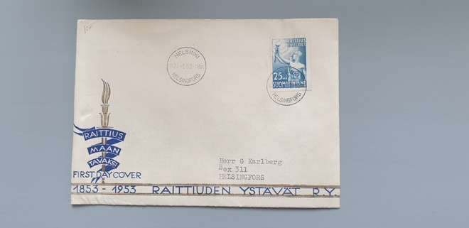 FDC Suomi 1953 Raittius, nappi loistoleima