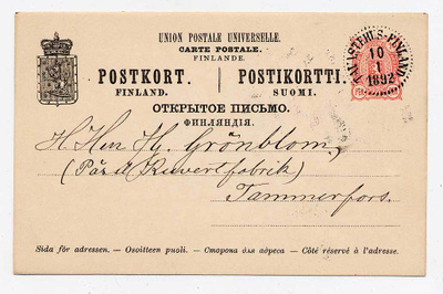 Ehiökortti 10.01.1892 Tavastehus - 10.01.1892 Tammerfors