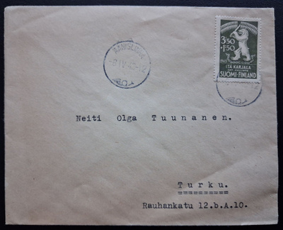 Itä-Karjala merkki kirjeessä Äänislinnasta Turkuun 6.4.1943
