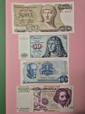 Upeita vanhoja seteleitä: Saksa 10mk, Norja 10kr, Kreikka 10