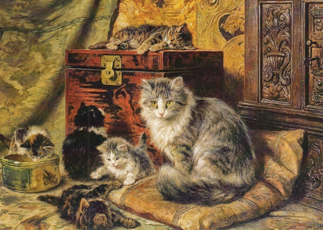 Henriette Ronner-Knip: Kissanpennut leikkivät, emo vieressä