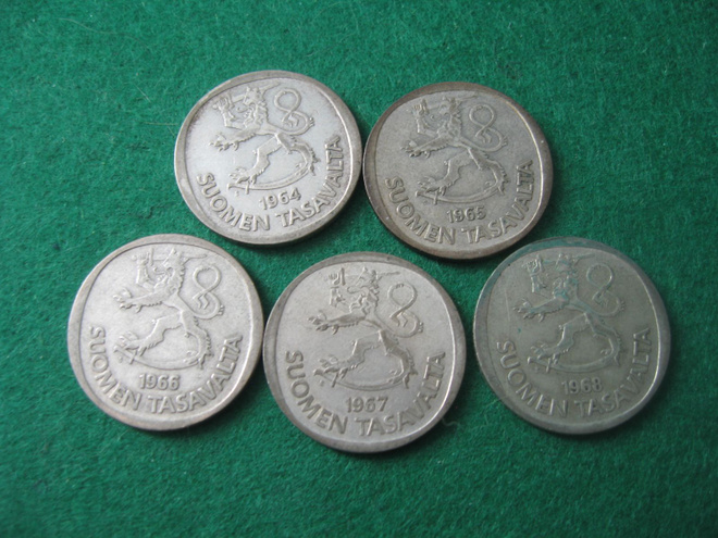 5 kpl 1 mk 1964-1968 - hopeamarkat