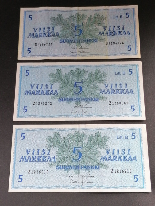 Suomi 5 Markan Seteleitä 1963 3 kpl