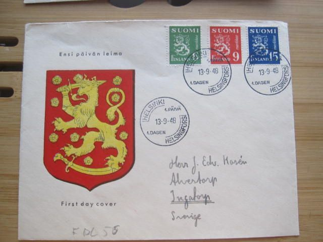 Malli 30:n (3 arvoa) FDC-kuori 1948