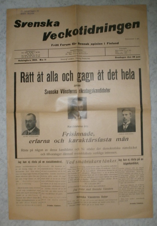 Svenska Veckotidningen, vaalilennäkki 28.6.1933