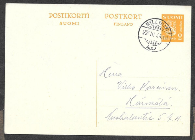 Postilähetys - Ehiö 2mk  (LAPE 75) Myllymäki 22.3.1944