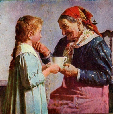 PERHEIDYLLI / Isoäiti, pikkutyttö ja kahvikuppi. 1900-l.