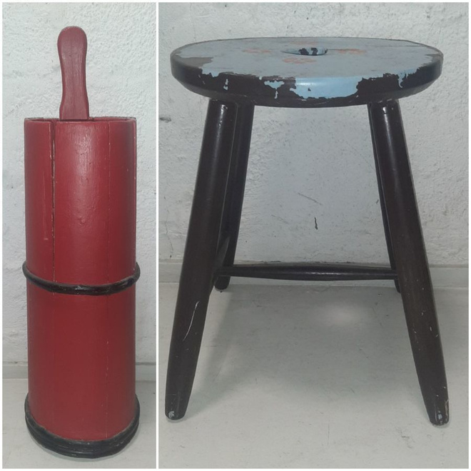 Punainen kirnu tai ruskea pyöreä jakkara (vintage)