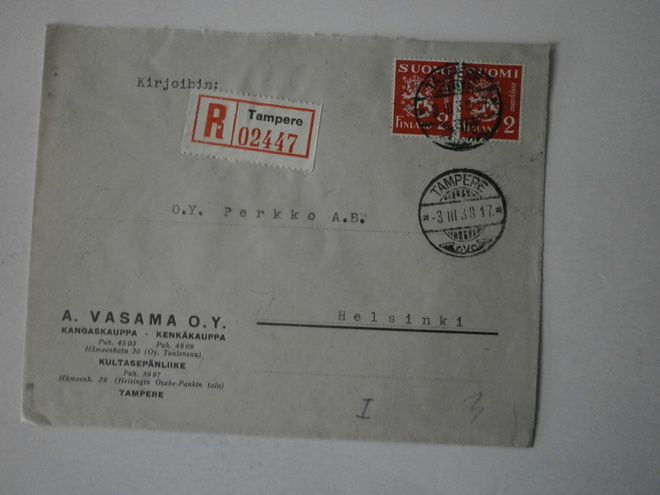 Tampere Rec., A. Vasama Oy, Kangaskauppa 3.3.1938