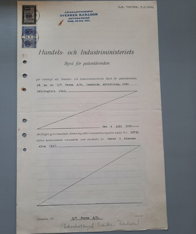 leimamerkki sinetti Kauppa- ja teollisuusministeriö 1938