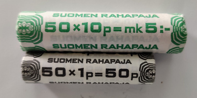 10 penniä x 50kpl ja 1 penni x50kpl vuodelta 1976