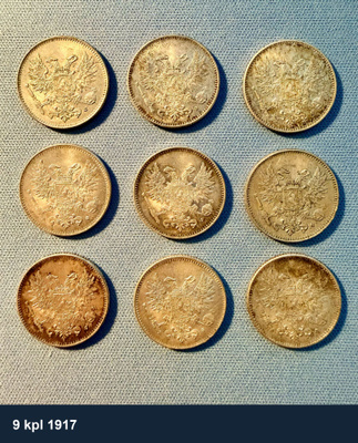 22 kpl Suomen hopeisia 50 pennin kolikoita 1908–1917