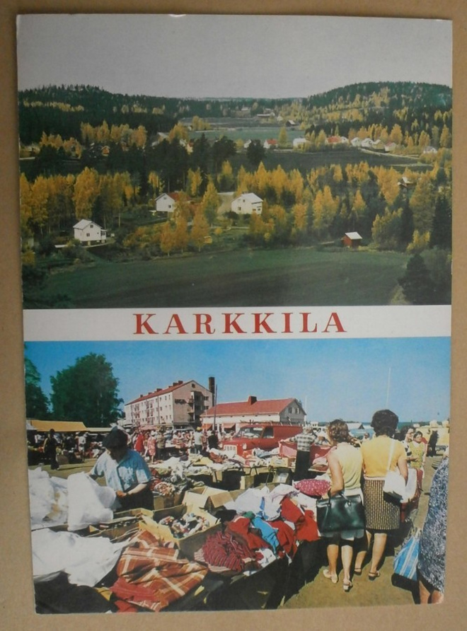 Karkkila, kaksikuvakortti (asutusta, torikauppaa), p. 1981
