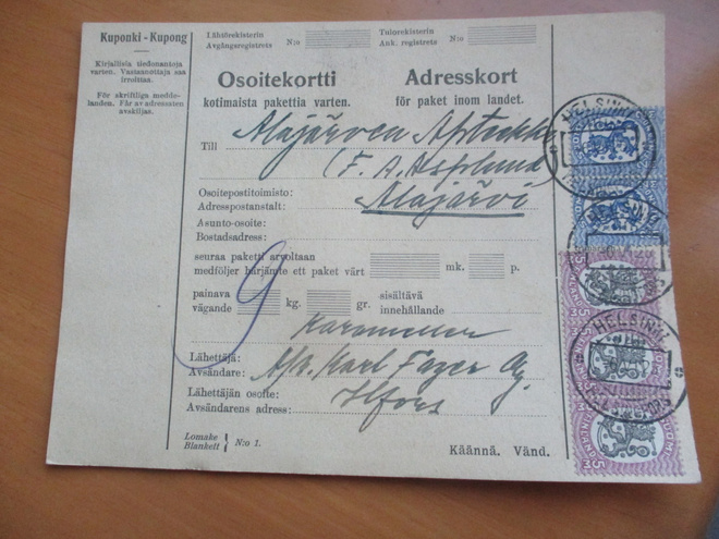 1925 Hki pakettikortti os Alajärvi Apteekki