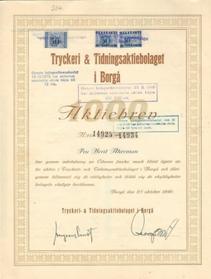 OKK 1946 Tryckeri & Tidnings Ab i Borgå, Porvoo osakekirja