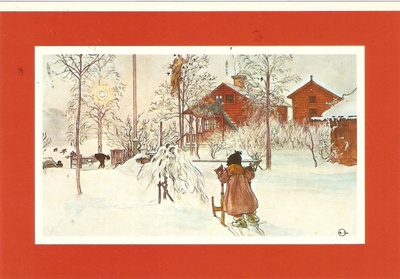 Carl Larsson: lapsi työntää potkukelkkaa kotipihalla. -79