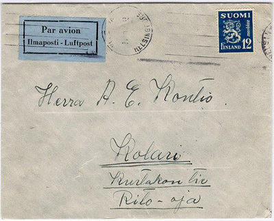 M30 1947 12mk sininen lentokirje Helsingistä Kolariin 1947