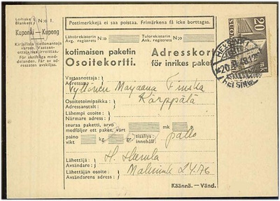 M30 1945 20mk postitalo pakettikortilla