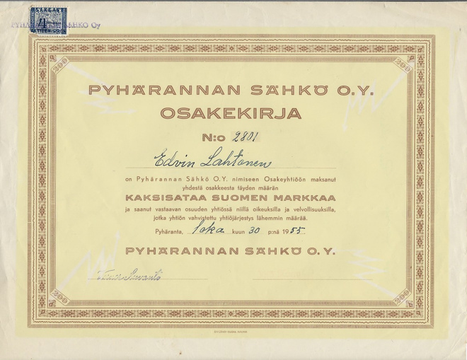 OKK 1955 Pyhärannan Sähkö Oy, Pyhäranta osakekirja