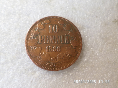 10 penniä 1866 kulkenut tasaisesti hieman kulunut kl 8