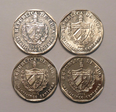 Cuba. 25 centavos 1994, 2000, 2002, 2006.