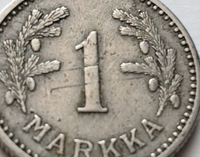 1 mk, circ, v . 1929 CuNi, päällelyönti