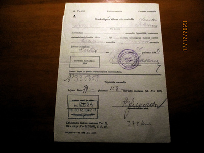 1942 Lieksa matkalipun tilaus siirtoväelle