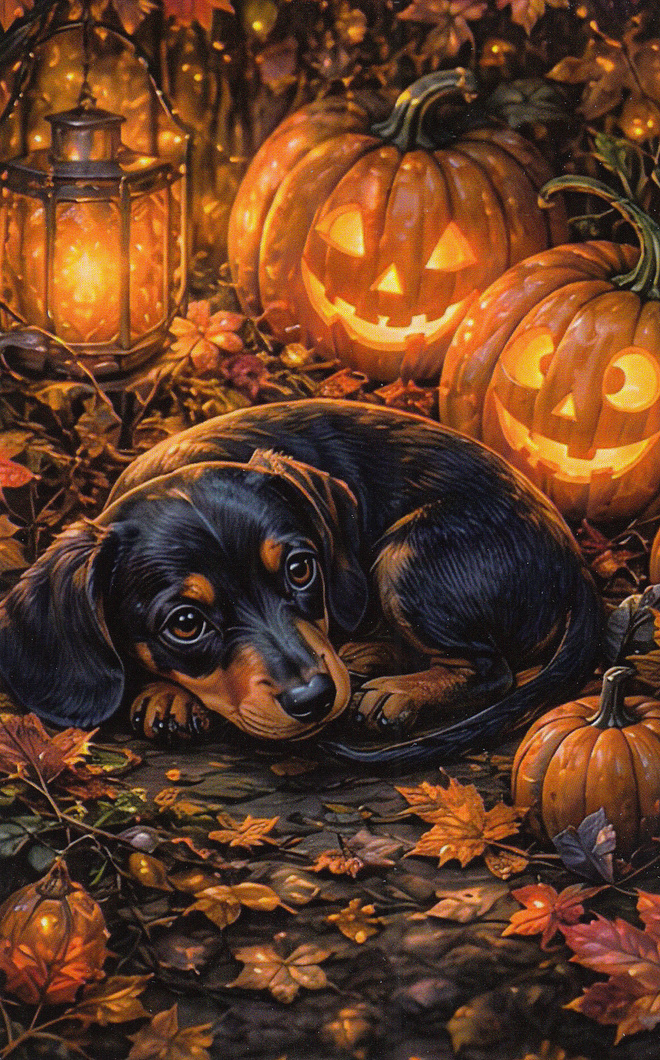Halloween mäyräkoira ja valaistut kurpitsat